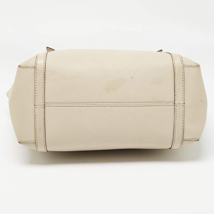 Pre Owned Michael Kors Light Beige Leather Medium Top Zip Jet Set Tote