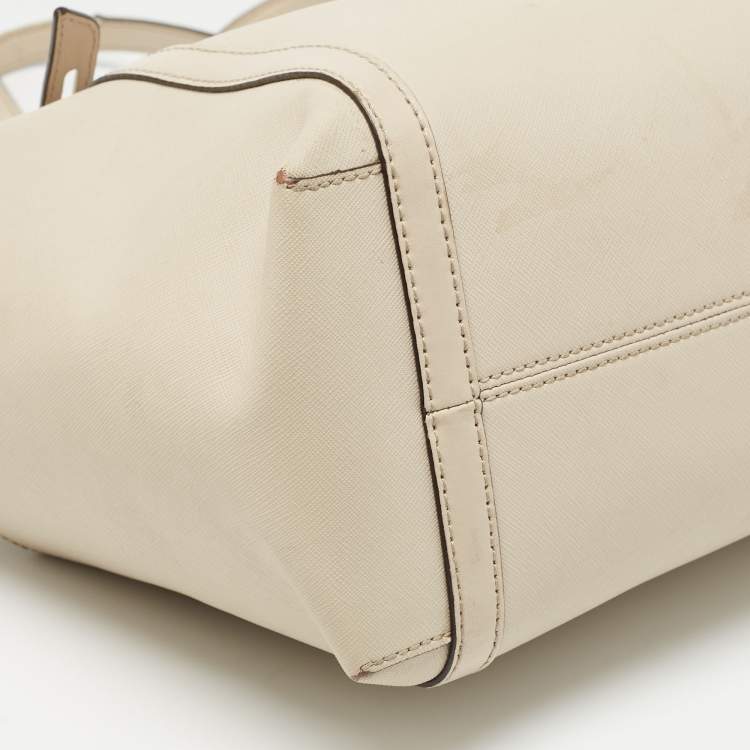 Pre Owned Michael Kors Light Beige Leather Medium Top Zip Jet Set Tote