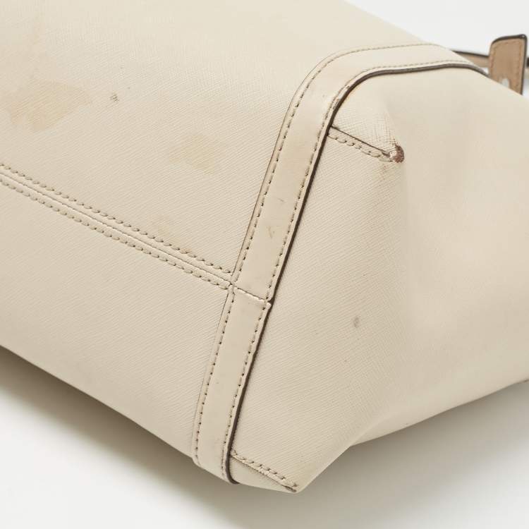 Pre Owned Michael Kors Light Beige Leather Medium Top Zip Jet Set Tote