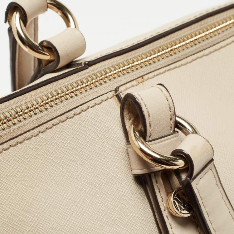 Pre Owned Michael Kors Light Beige Leather Medium Top Zip Jet Set Tote