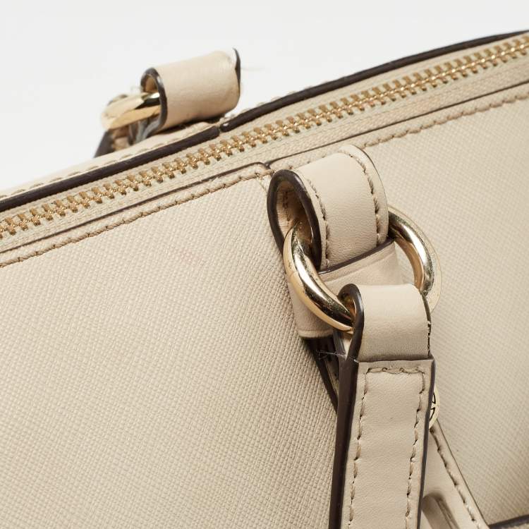 Pre Owned Michael Kors Light Beige Leather Medium Top Zip Jet Set Tote