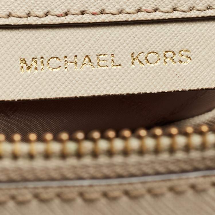 Pre Owned Michael Kors Light Beige Leather Medium Top Zip Jet Set Tote