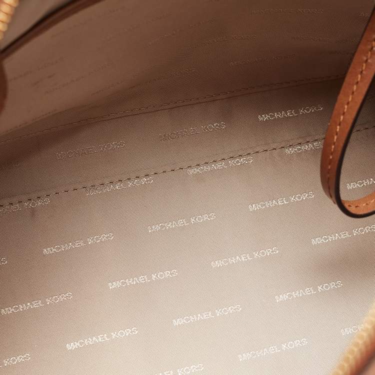 Pre Owned Michael Kors Brown/Beige Signature Coated Canvas Medium Floral Applique Mercer Duffle Bag
