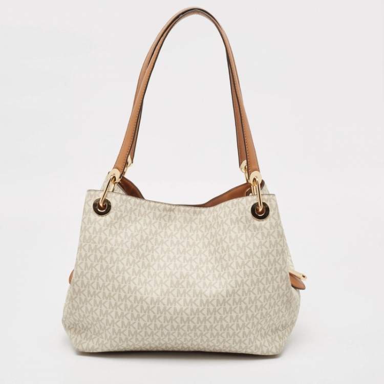 Pre Owned Michael Kors White/Brown Signature Coated Canvas and Leather Raven Shoulder Bag