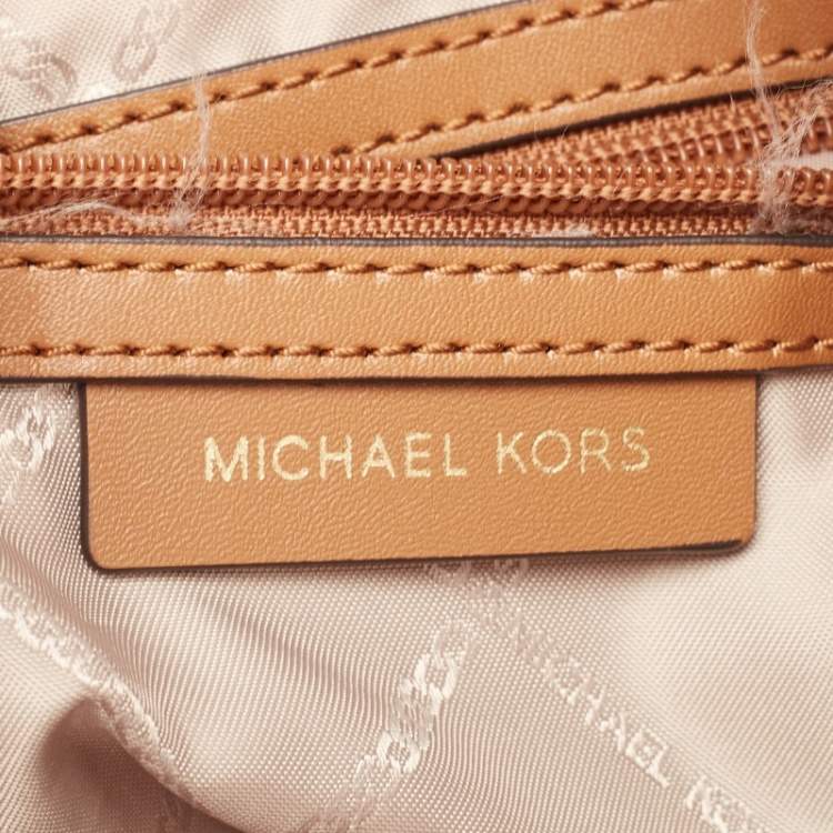 Pre Owned Michael Kors White/Brown Signature Coated Canvas and Leather Raven Shoulder Bag