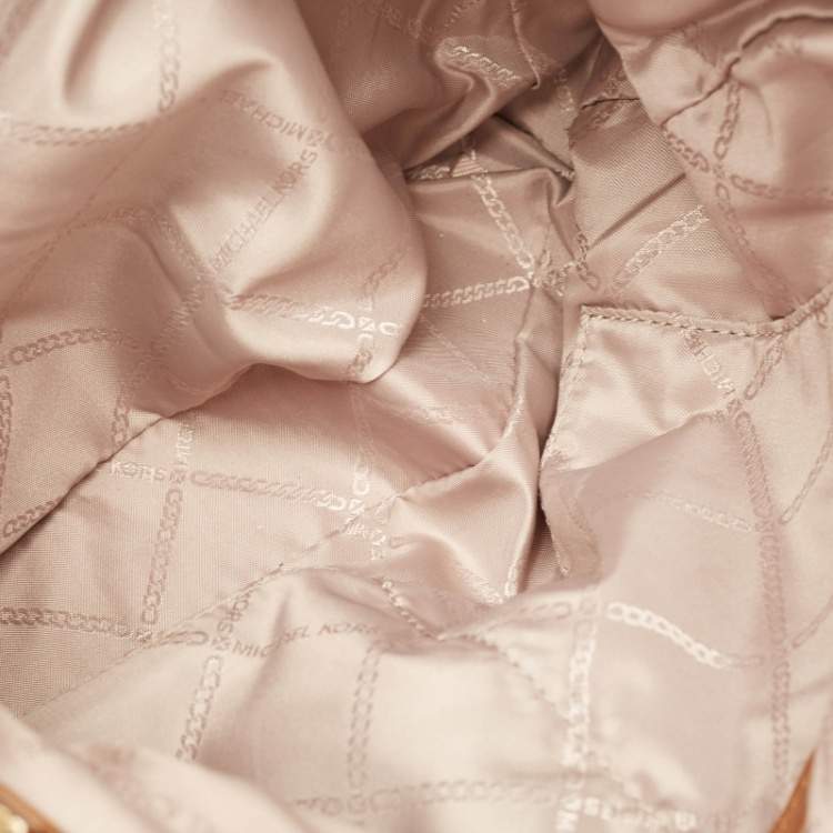 Pre Owned Michael Kors White/Brown Signature Coated Canvas and Leather Raven Shoulder Bag