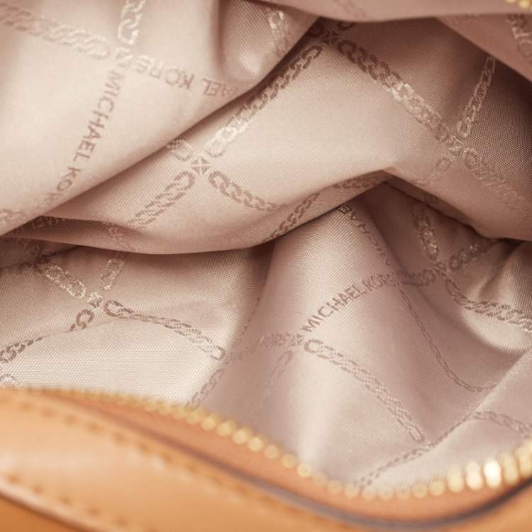 Pre Owned Michael Kors White/Brown Signature Coated Canvas and Leather Raven Shoulder Bag