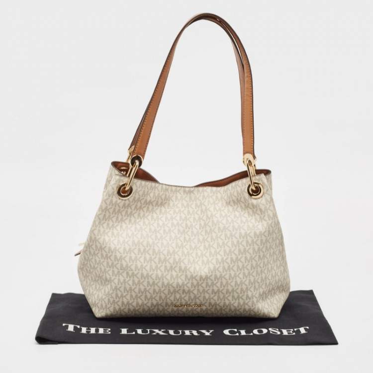 Pre Owned Michael Kors White/Brown Signature Coated Canvas and Leather Raven Shoulder Bag