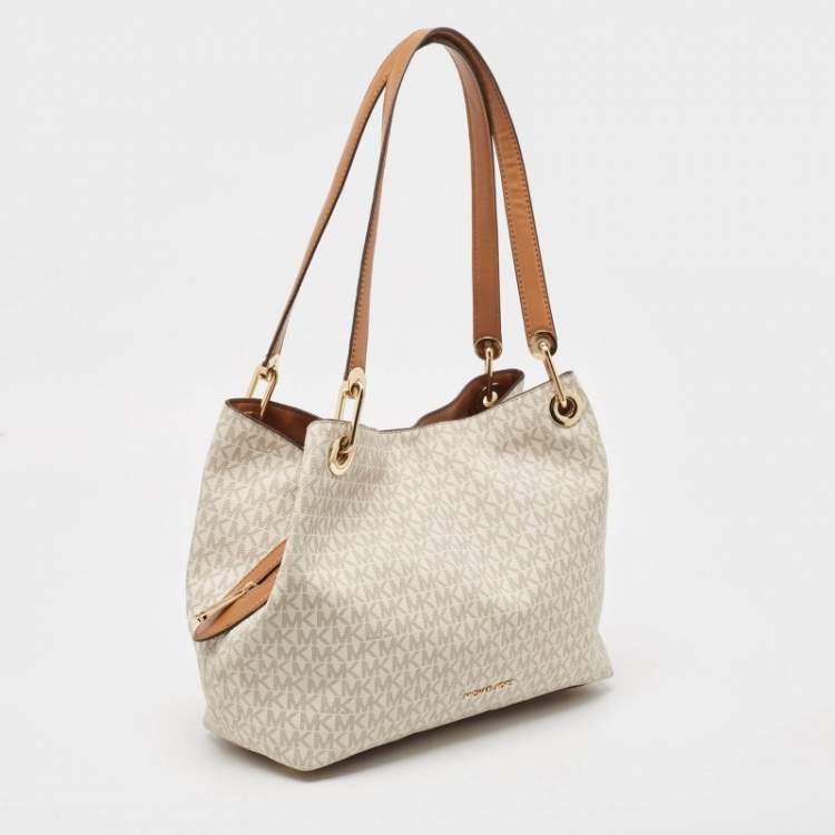 Pre Owned Michael Kors White/Brown Signature Coated Canvas and Leather Raven Shoulder Bag