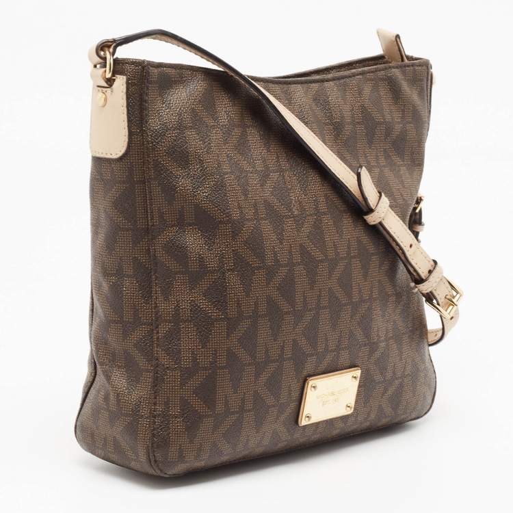 Pre Owned Michael Kors Brown Signature Coated Canvas and Leather Jet Set Travel Messenger Bag