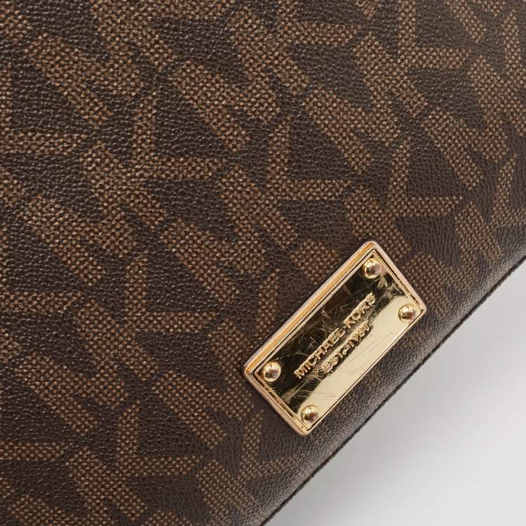 Pre Owned Michael Kors Brown Signature Coated Canvas and Leather Jet Set Travel Messenger Bag