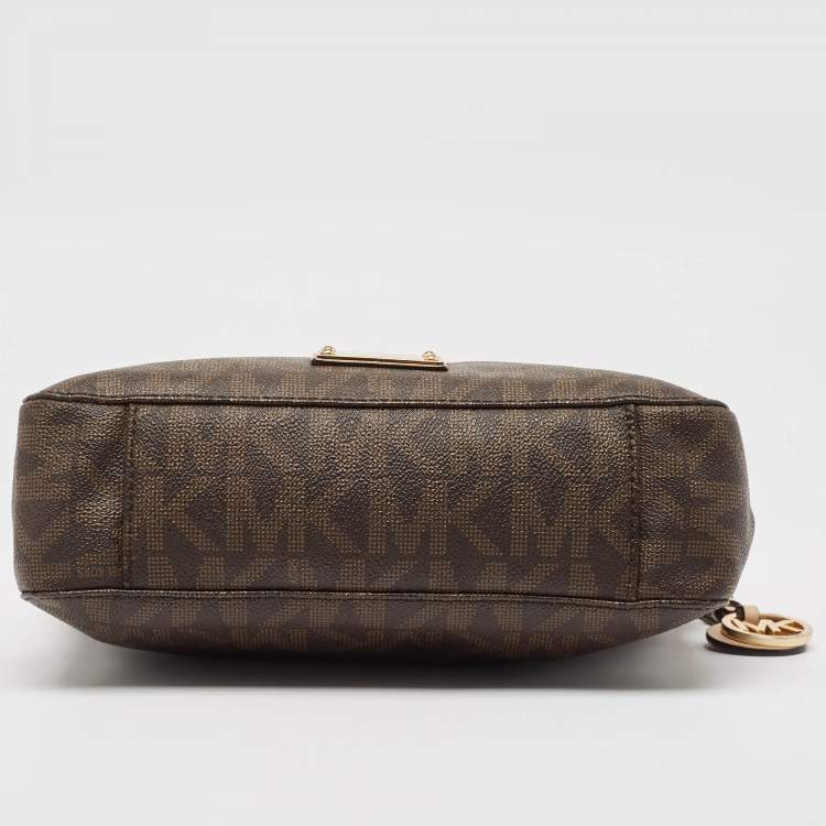 Pre Owned Michael Kors Brown Signature Coated Canvas and Leather Jet Set Travel Messenger Bag