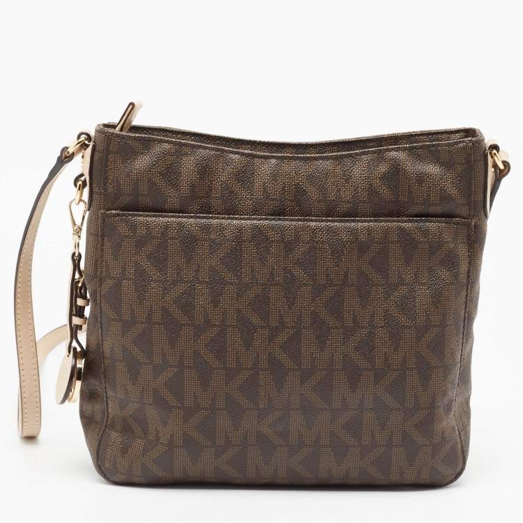 Pre Owned Michael Kors Brown Signature Coated Canvas and Leather Jet Set Travel Messenger Bag
