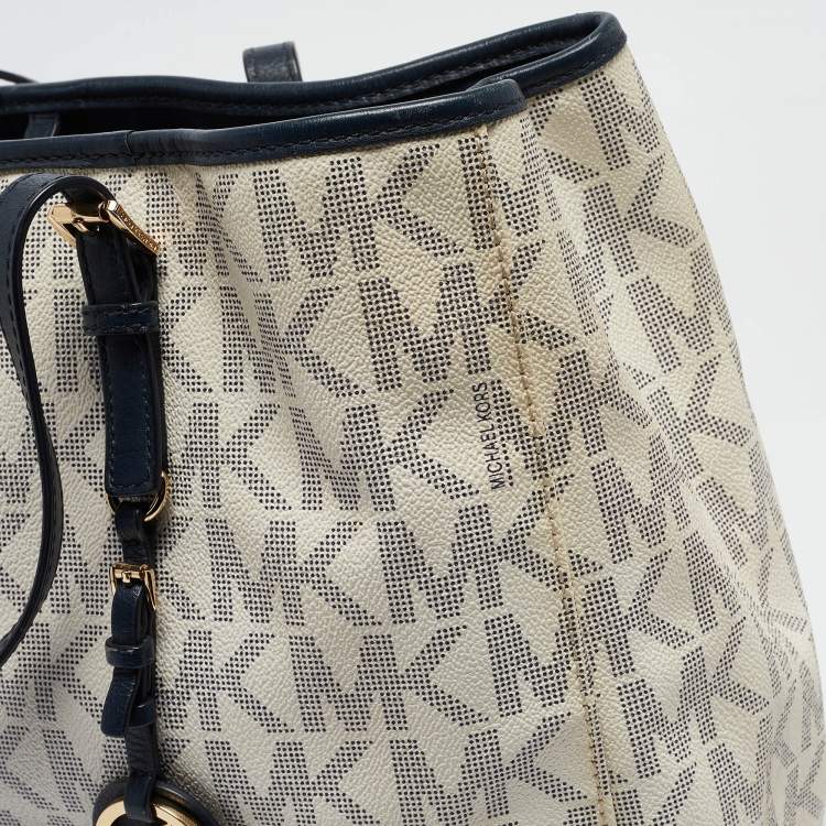 Pre Owned Michael Kors Navy Blue/White Signature Coated Canvas and Leather Jet Set Tote