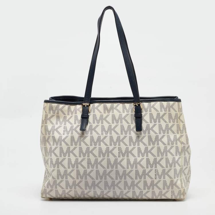Pre Owned Michael Kors Navy Blue/White Signature Coated Canvas and Leather Jet Set Tote