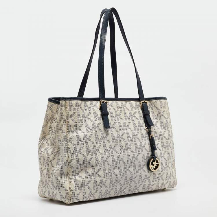 Pre Owned Michael Kors Navy Blue/White Signature Coated Canvas and Leather Jet Set Tote