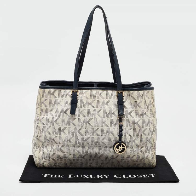 Pre Owned Michael Kors Navy Blue/White Signature Coated Canvas and Leather Jet Set Tote