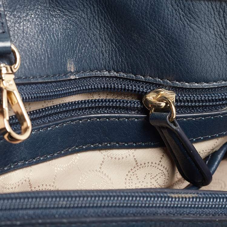 Pre Owned Michael Kors Navy Blue/White Signature Coated Canvas and Leather Jet Set Tote