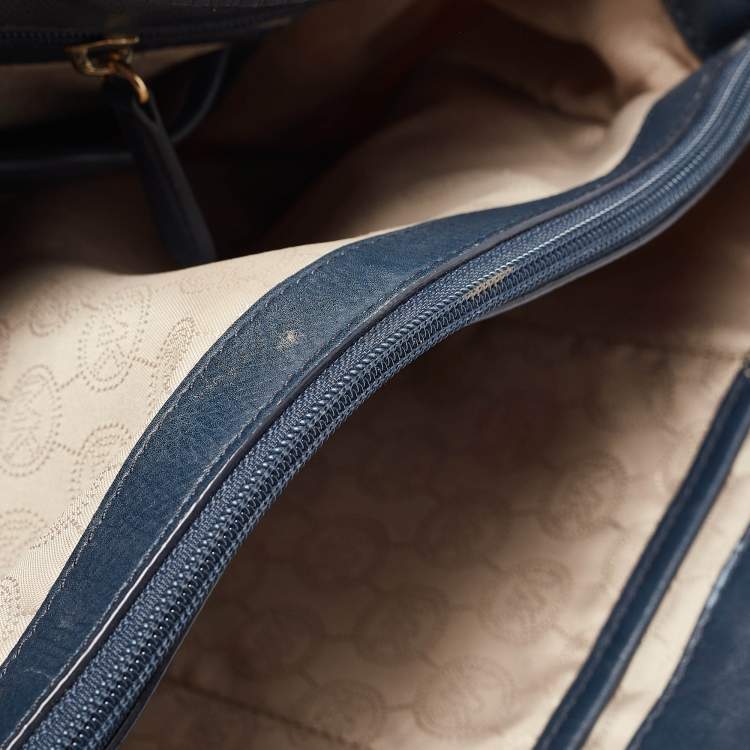 Pre Owned Michael Kors Navy Blue/White Signature Coated Canvas and Leather Jet Set Tote