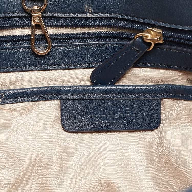 Pre Owned Michael Kors Navy Blue/White Signature Coated Canvas and Leather Jet Set Tote