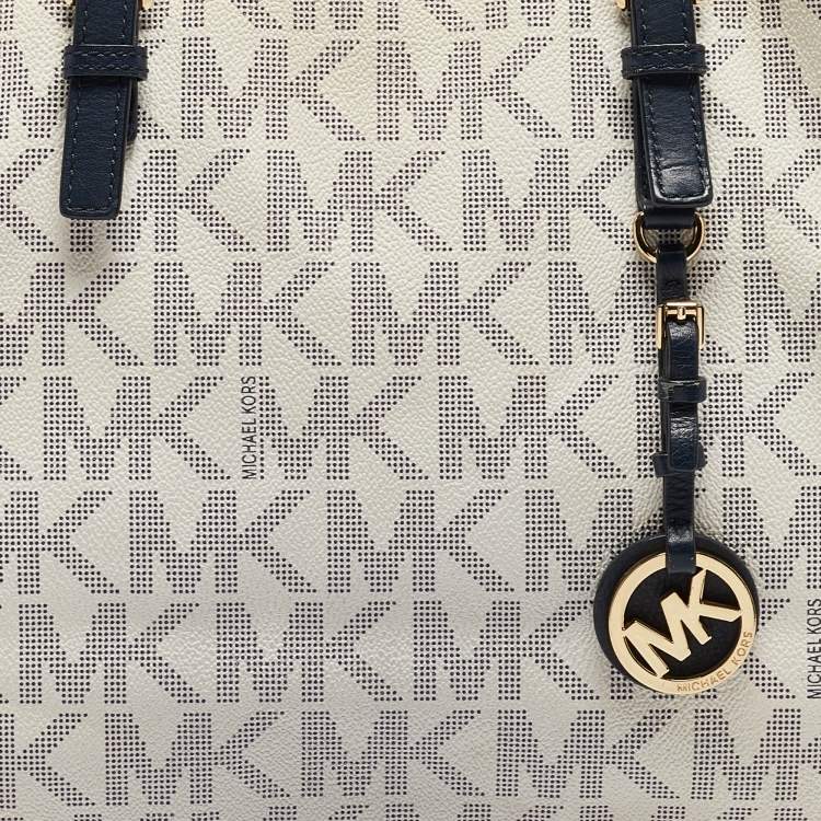 Pre Owned Michael Kors Navy Blue/White Signature Coated Canvas and Leather Jet Set Tote