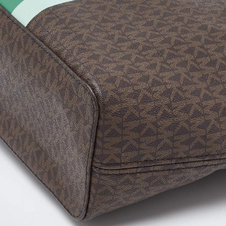 Pre Owned Michael Kors Brown/Green Signature Coated Canvas and Leather Tote