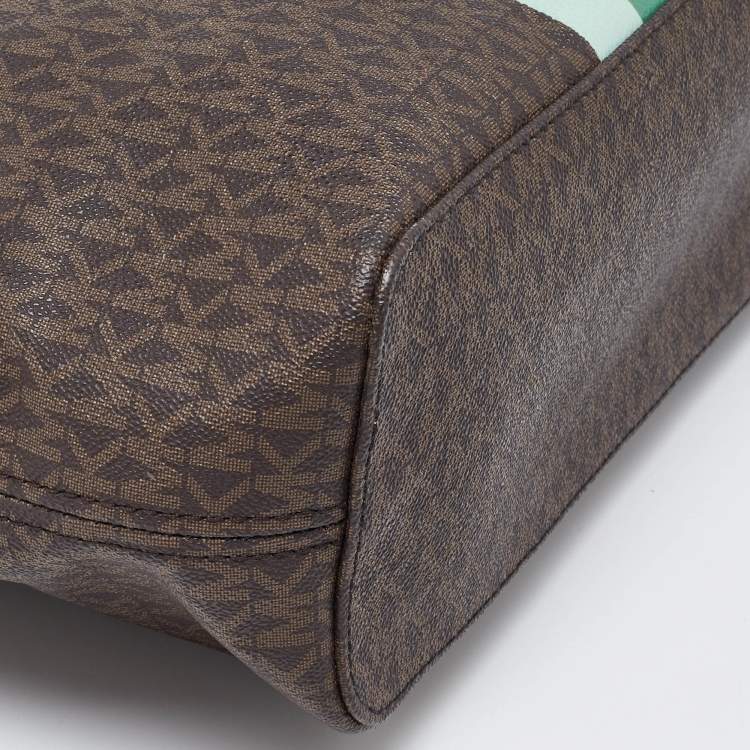 Pre Owned Michael Kors Brown/Green Signature Coated Canvas and Leather Tote