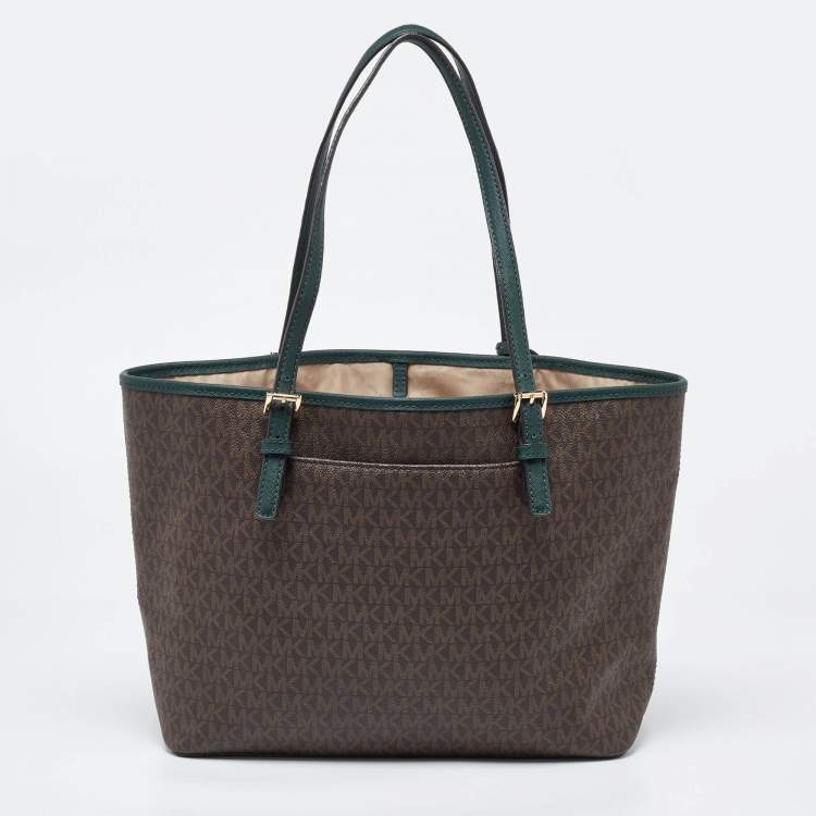 Pre Owned Michael Kors Brown/Green Signature Coated Canvas and Leather Tote