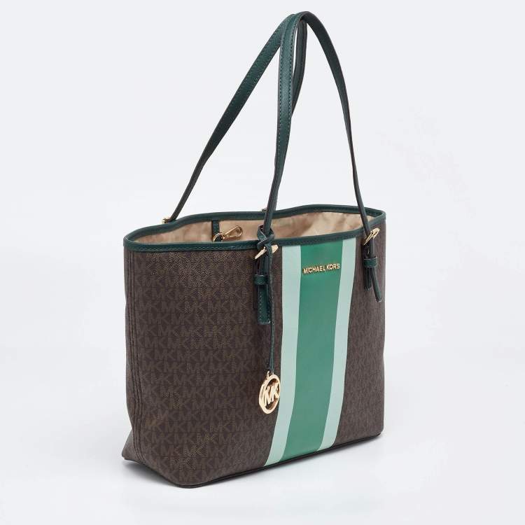 Pre Owned Michael Kors Brown/Green Signature Coated Canvas and Leather Tote