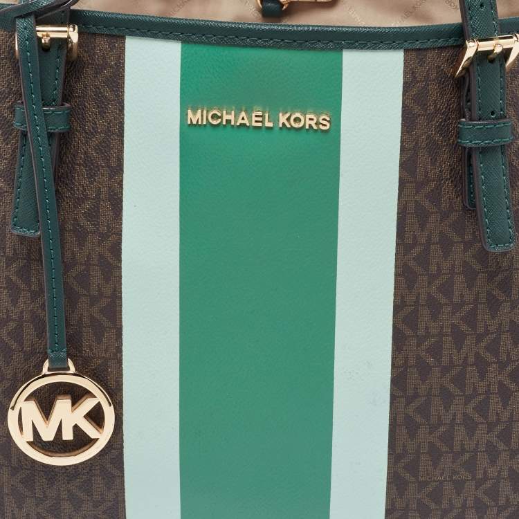 Pre Owned Michael Kors Brown/Green Signature Coated Canvas and Leather Tote