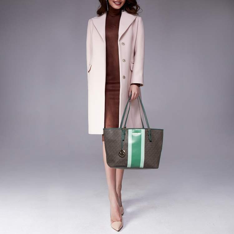Pre Owned Michael Kors Brown/Green Signature Coated Canvas and Leather Tote