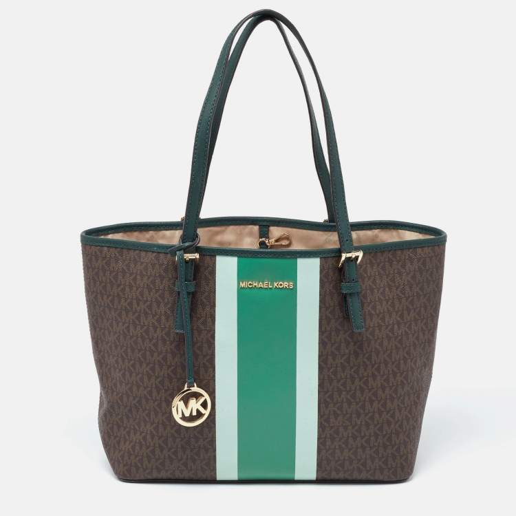 Pre Owned Michael Kors Brown/Green Signature Coated Canvas and Leather Tote