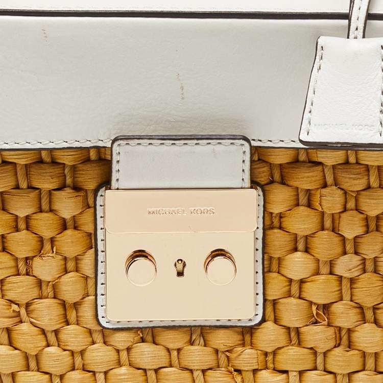 Pre Owned Michael Kors White/Beige Woven Raffia and Leather Gabriella Top Handle Bag