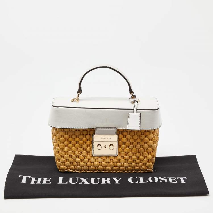 Pre Owned Michael Kors White/Beige Woven Raffia and Leather Gabriella Top Handle Bag