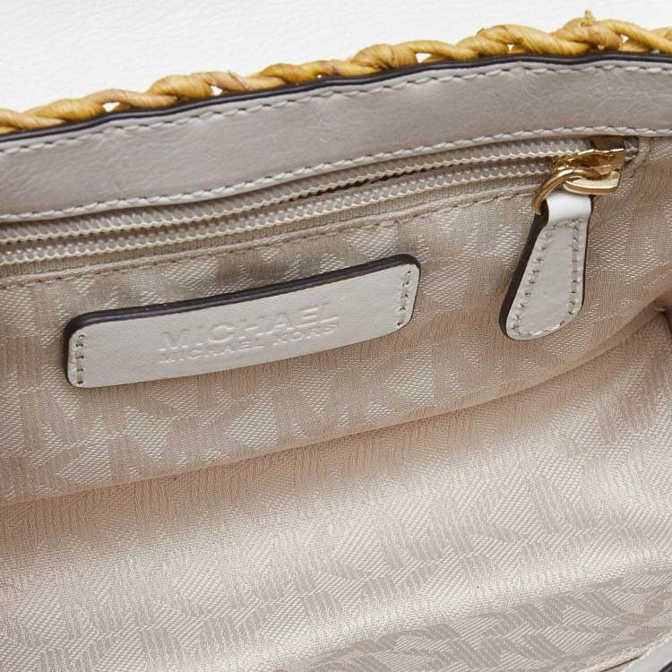 Pre Owned Michael Kors White/Beige Woven Raffia and Leather Gabriella Top Handle Bag