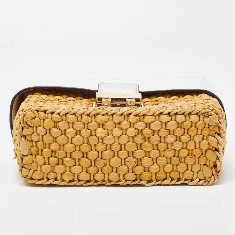 Pre Owned Michael Kors White/Beige Woven Raffia and Leather Gabriella Top Handle Bag