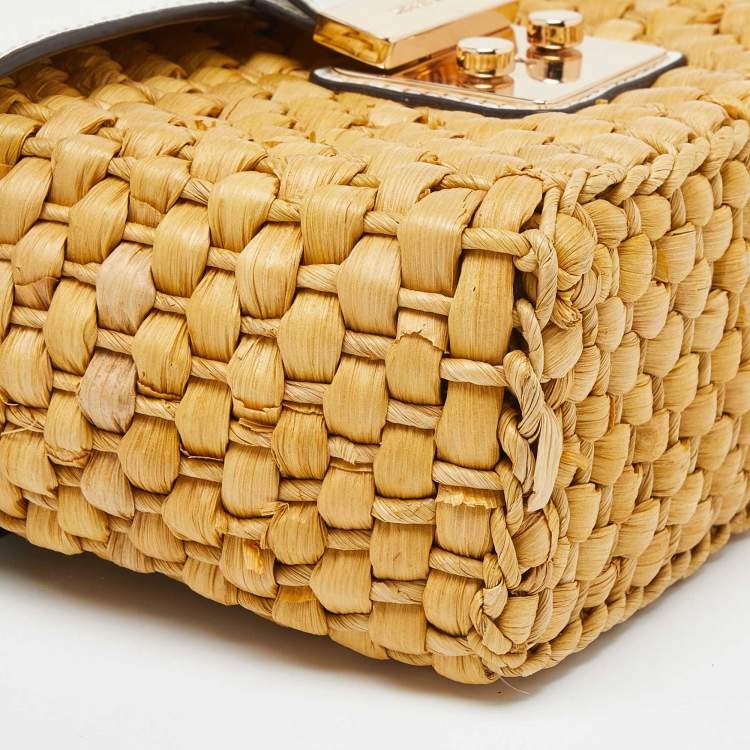 Pre Owned Michael Kors White/Beige Woven Raffia and Leather Gabriella Top Handle Bag