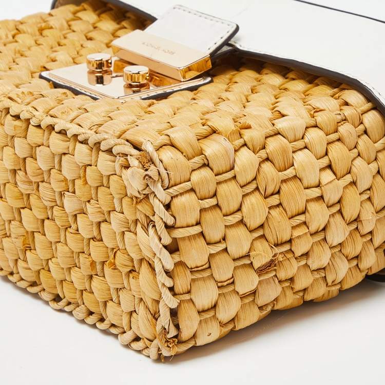 Pre Owned Michael Kors White/Beige Woven Raffia and Leather Gabriella Top Handle Bag