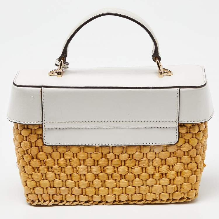 Pre Owned Michael Kors White/Beige Woven Raffia and Leather Gabriella Top Handle Bag