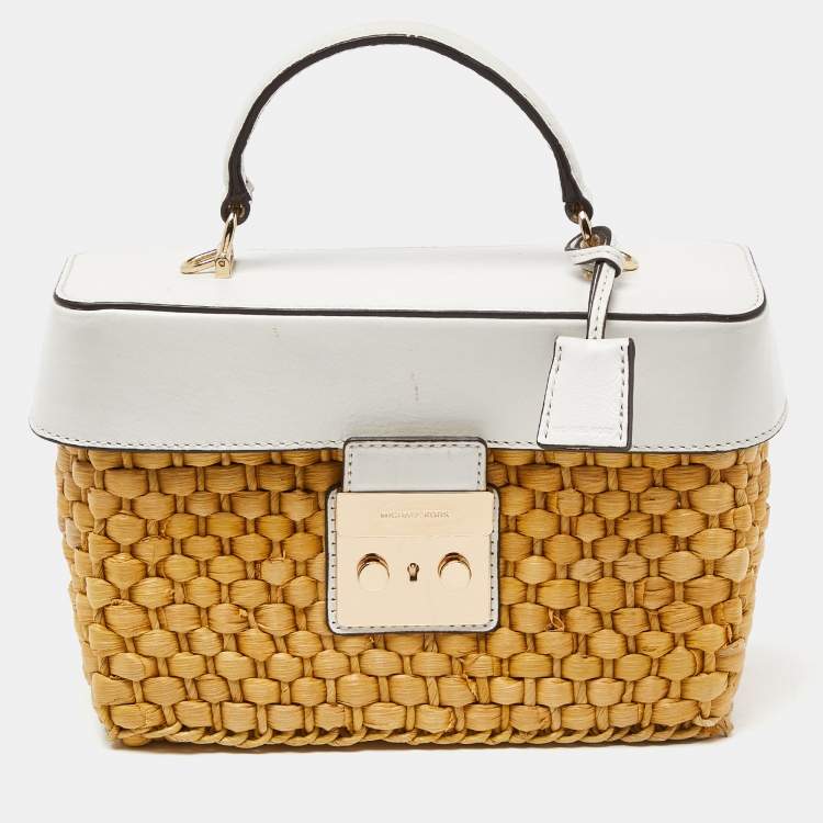 Pre Owned Michael Kors White/Beige Woven Raffia and Leather Gabriella Top Handle Bag