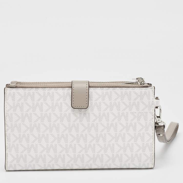 Pre Owned Michael Kors Grey/White Signature Coated Canvas and Leather Adele Wristlet Wallet