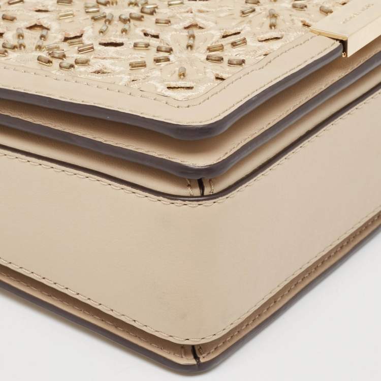 Pre Owned Michael Kors Beige Leather Beaded Gusset Jade Chain Clutch