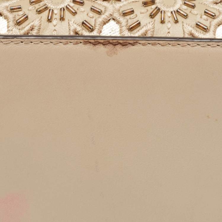 Pre Owned Michael Kors Beige Leather Beaded Gusset Jade Chain Clutch