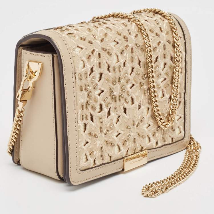 Pre Owned Michael Kors Beige Leather Beaded Gusset Jade Chain Clutch