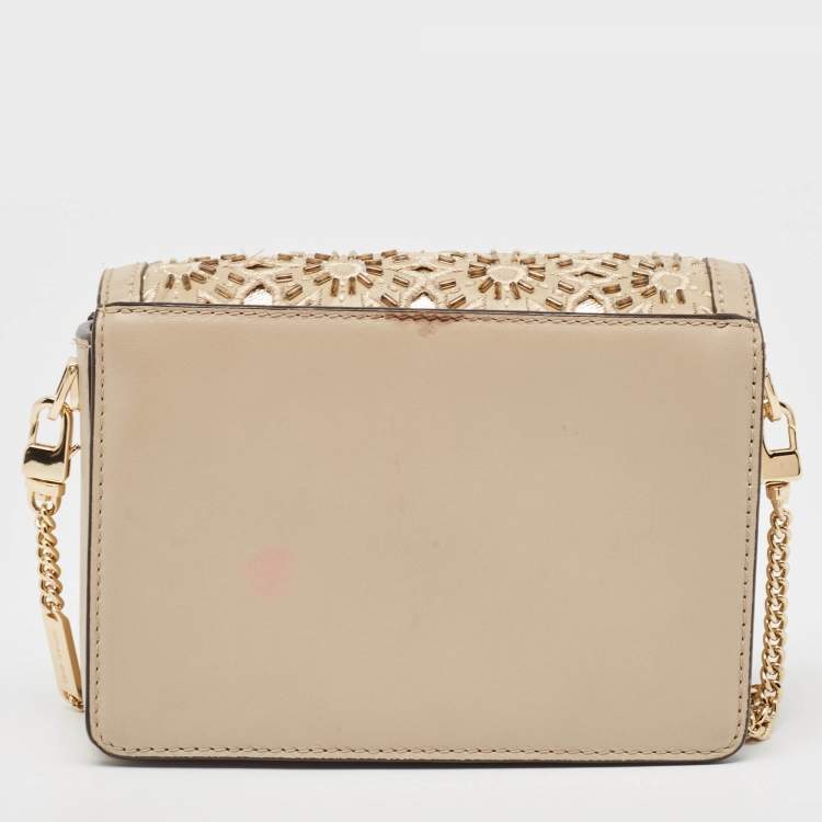 Pre Owned Michael Kors Beige Leather Beaded Gusset Jade Chain Clutch