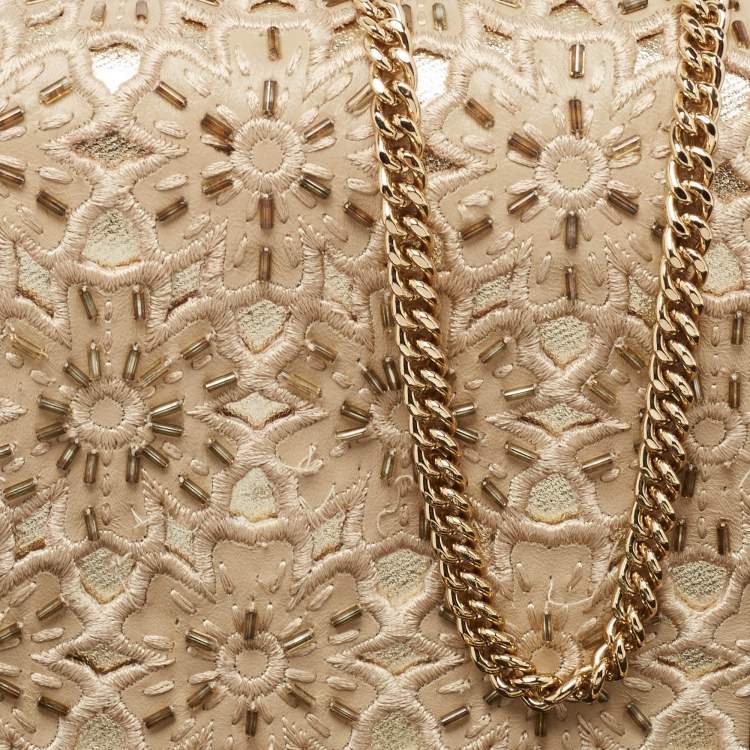 Pre Owned Michael Kors Beige Leather Beaded Gusset Jade Chain Clutch