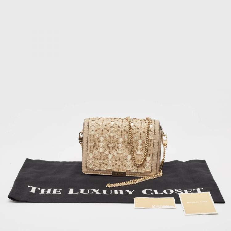 Pre Owned Michael Kors Beige Leather Beaded Gusset Jade Chain Clutch