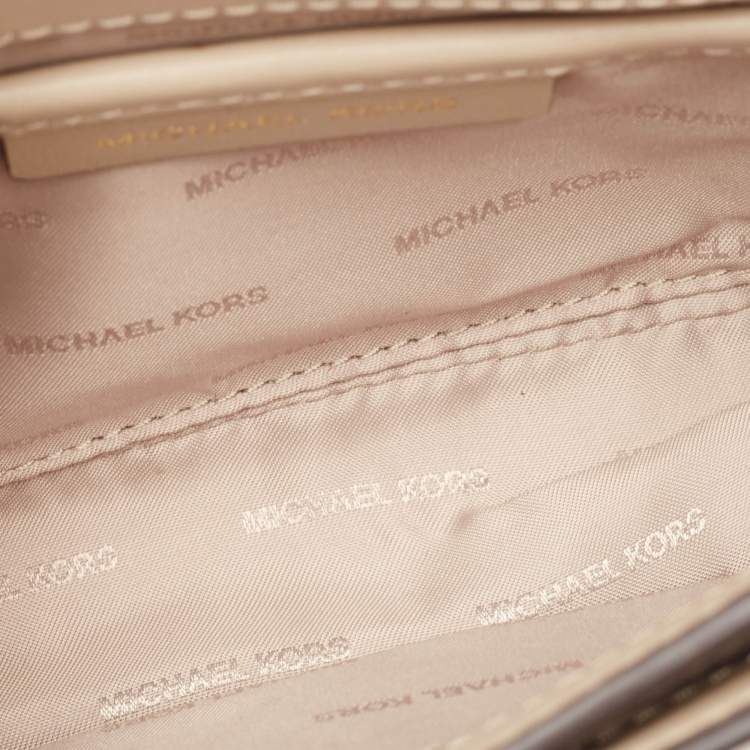 Pre Owned Michael Kors Beige Leather Beaded Gusset Jade Chain Clutch