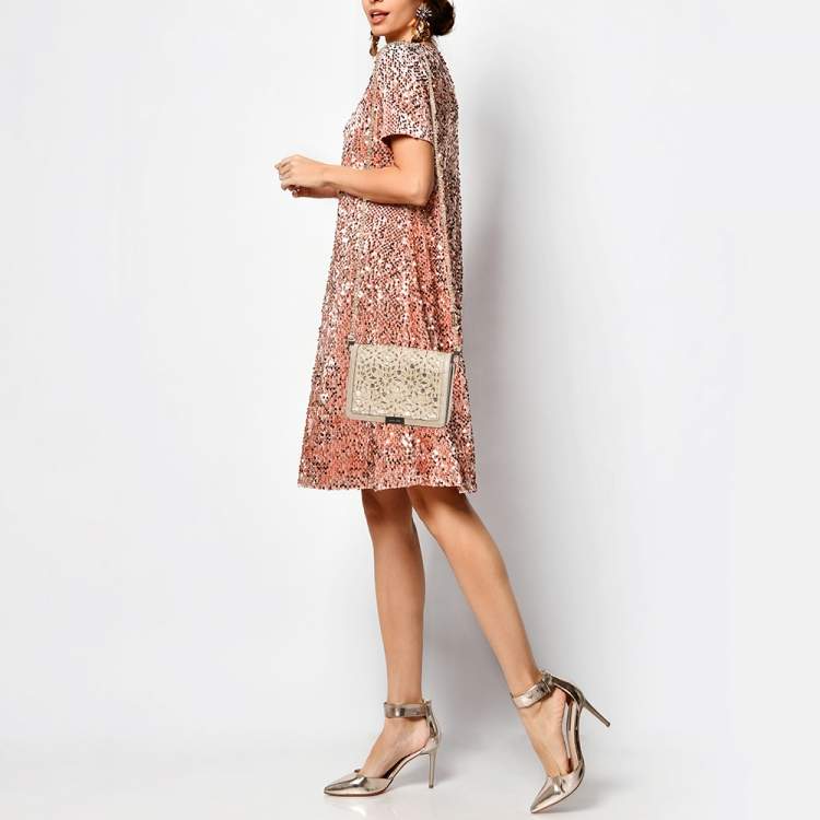 Pre Owned Michael Kors Beige Leather Beaded Gusset Jade Chain Clutch