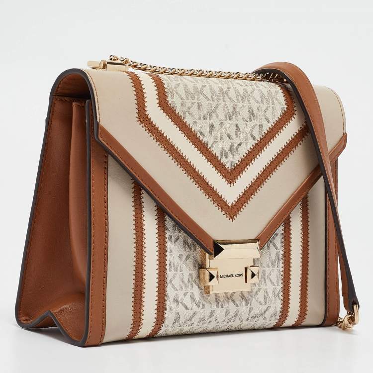 Pre Owned Michael Kors Beige/Brown Signature Coated Canvas and Leather Large Whitney Shoulder Bag